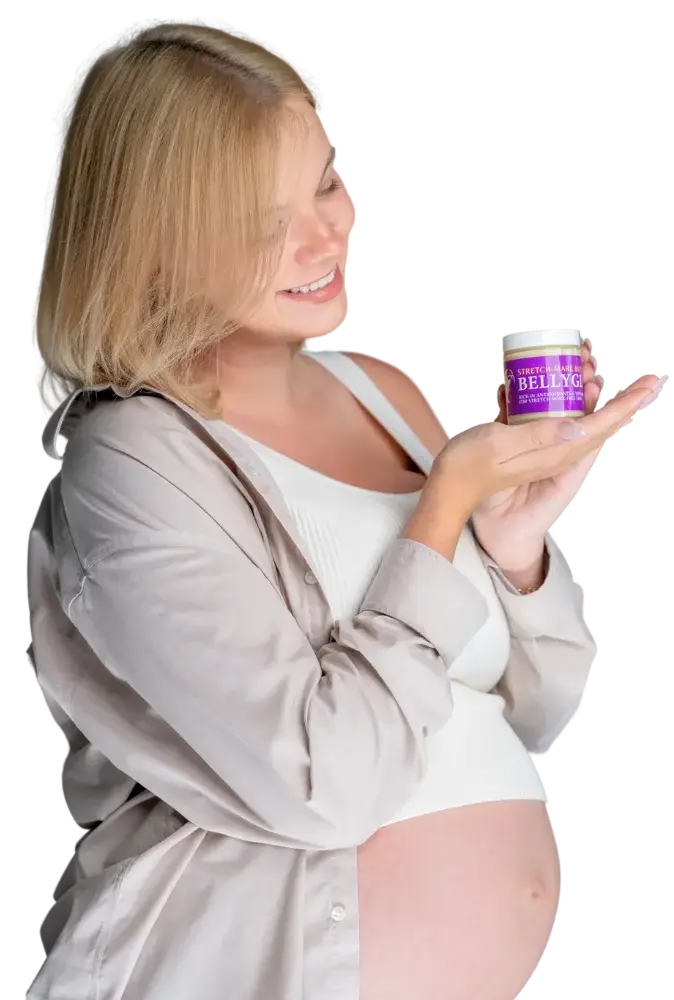 Pregnant woman holding a container labeled 'Bellyglo' against a white background